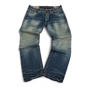 Rivet De Cru Andrew Mens wide leg Blue Jeans Thick Stitch 36x34 Faded